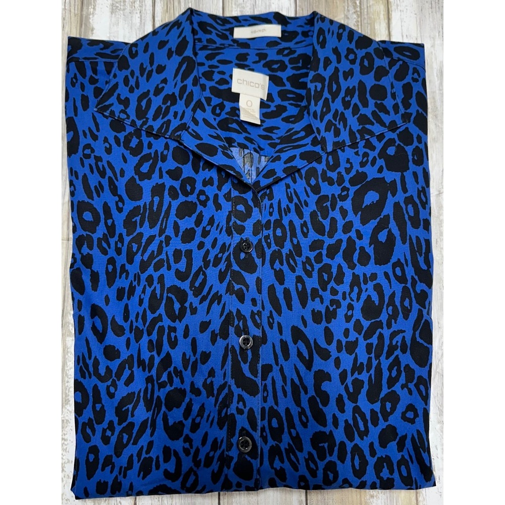 Chico's Women's Button‎ Down Shirt Blue Black Animal Print Long Sleeve